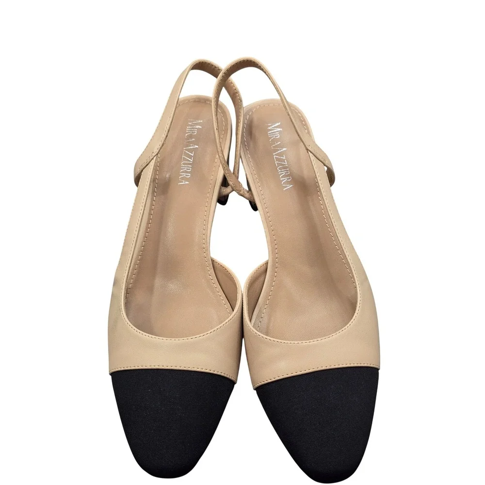 Mira Azzurra Beige Black Cap Toe Slingback‎ Heels 8 Quiet Luxury Classic Preppy